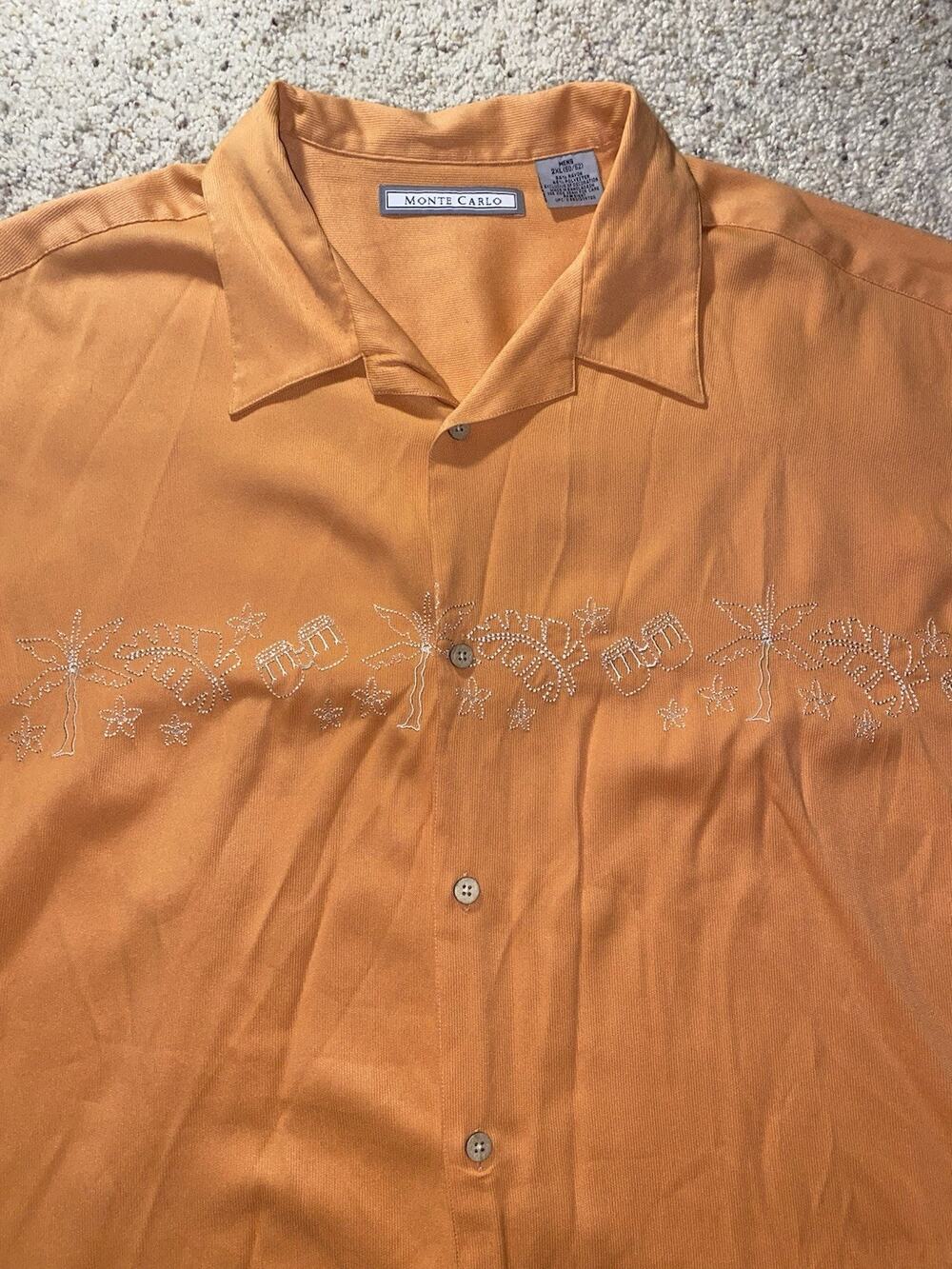 Vintage Caribbean Island Monte Carlo Mens 2XL Hand Stitched Hawaiian Button Down